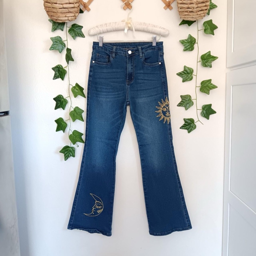 ROMWE Blue Flare Jeans with Gold Sun and Moon Embroidery